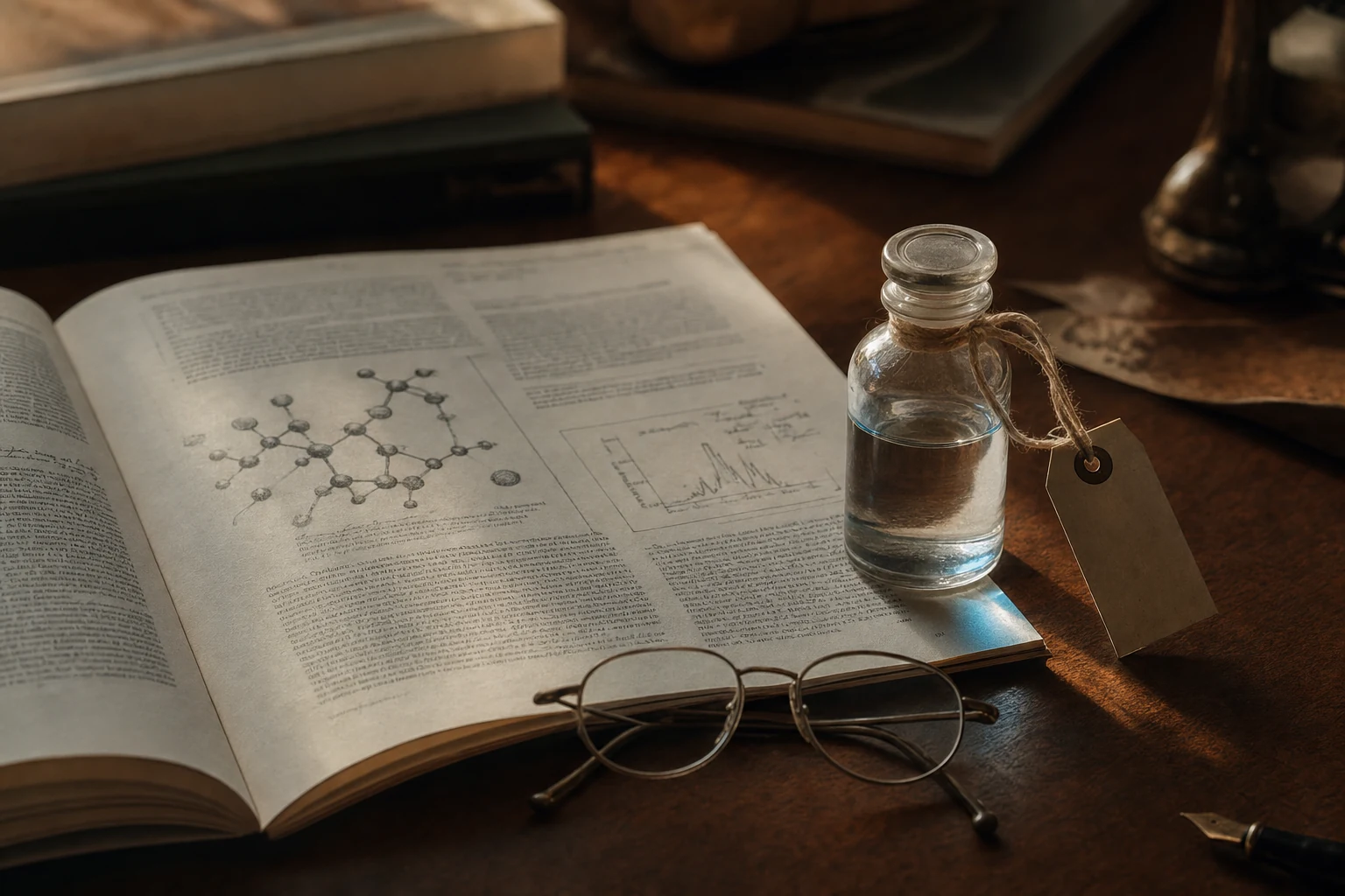 An open scientific journal, a research vial and reading glasses on a walnut desk in afternoon light.